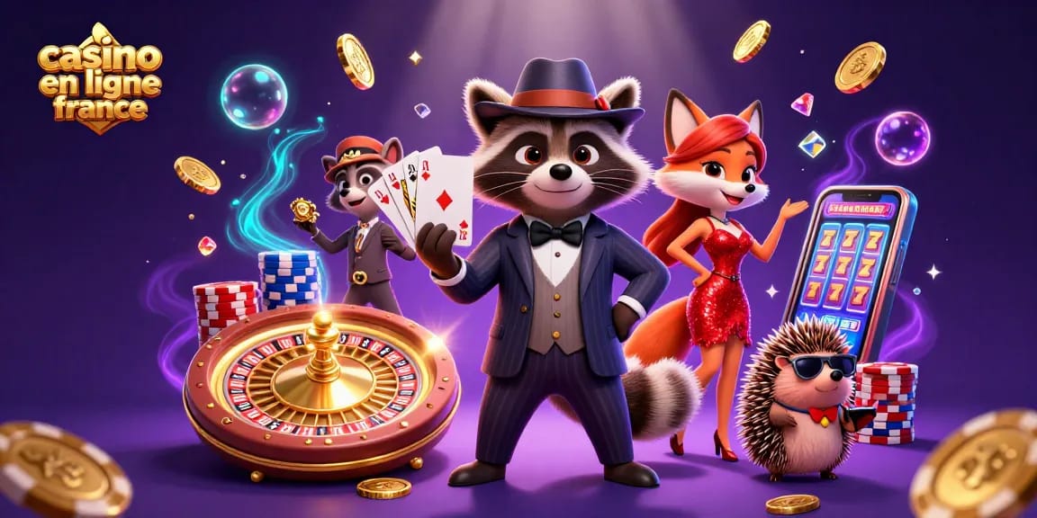 Découvrez casino en ligne France avec un raton laveur en costume noir et une renarde dans une robe rouge scintillante.