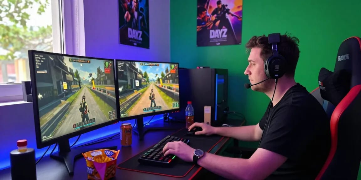 Gamer using DayZ Hacks in an immersive gaming setup with multiple screens and LED lights