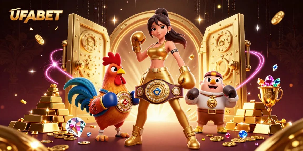 UFABET players enhancing winnings in an electrifying casino scene filled with treasures.