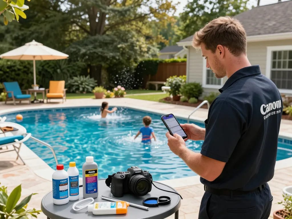 Dolphin Pool Services technician inspecting a residential pool in Virginia, ensuring sparkling clean water and family enjoyment.