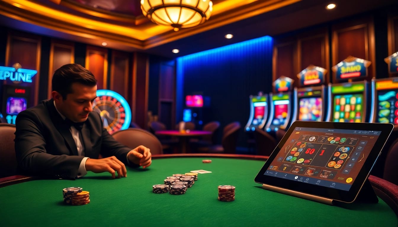 A high-stakes poker table scene from https://98winwi.com/ showcasing players engaged in a tense match with colorful poker chips.