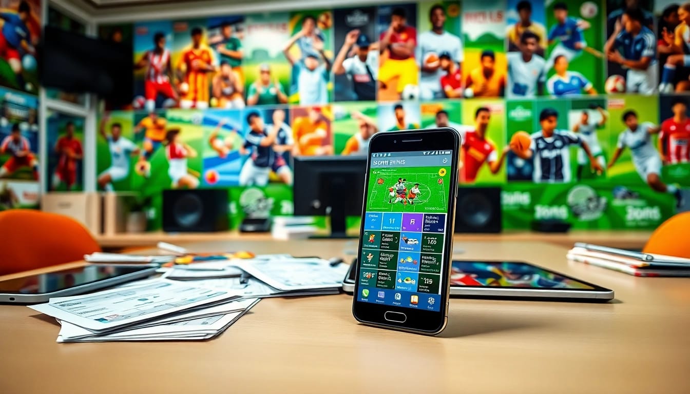 Engaged users exploring sports betting apps India on modern devices at a vibrant desk setting.