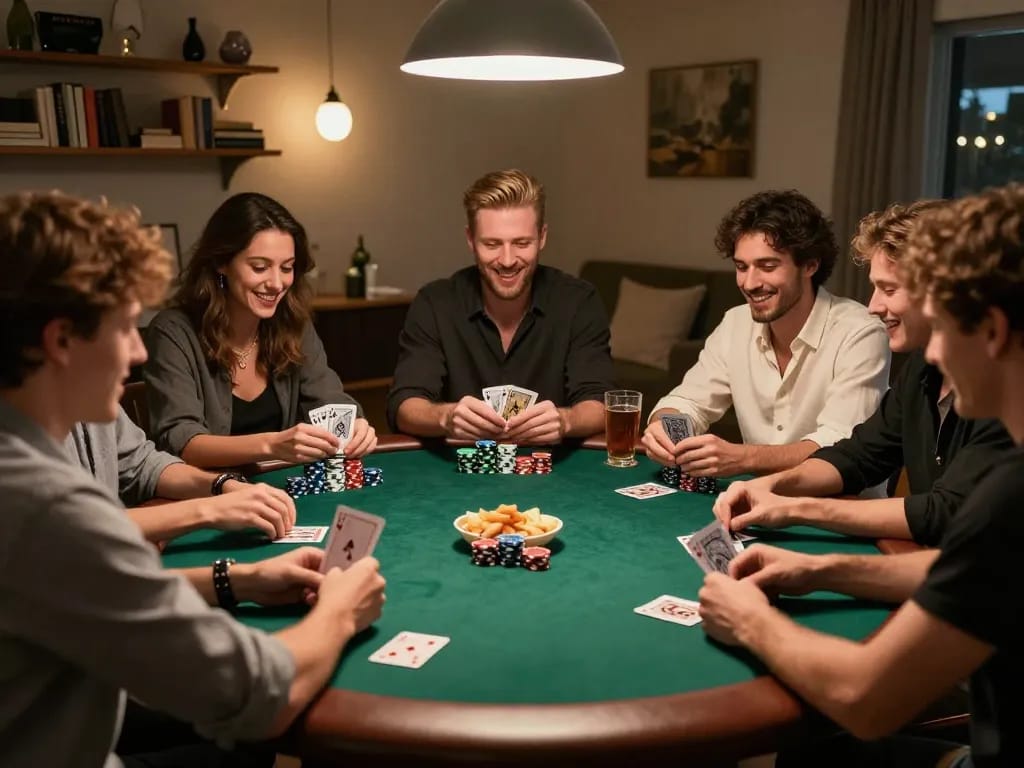 Friends playing poker passionately at home with xx88, sharing drinks and laughter.