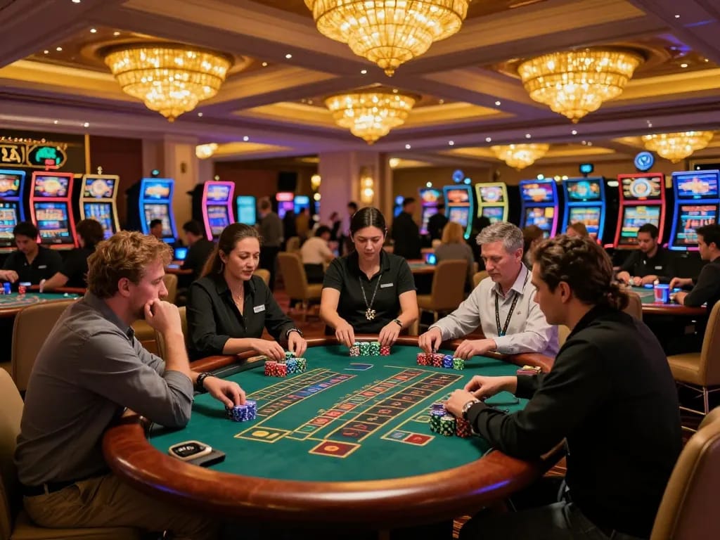Players engaging in intense gameplay at tr88 blackjack tables, chips stacked high, vibrant casino atmosphere.