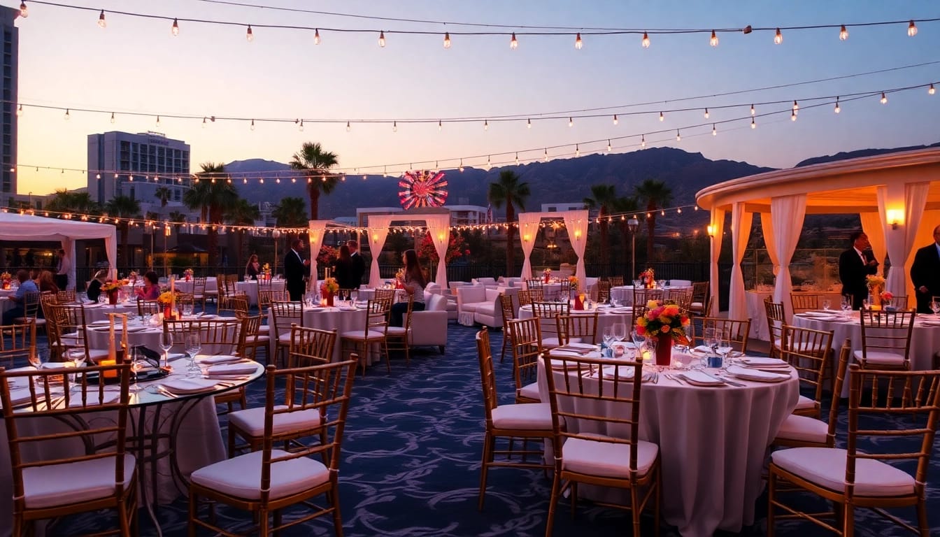 Las Vegas Chair Rentals in a luxury outdoor event setting featuring various elegant chairs and ambient lighting.