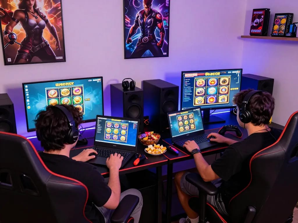 Pemain menikmati permainan slot gacor dalam pengaturan permainan di rumah yang ramai