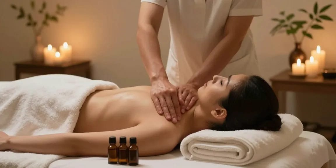 마사지 받는 고객과 마사지 전문가가 편안한 스파 환경에서 느긋한 시간을 보내는 모습