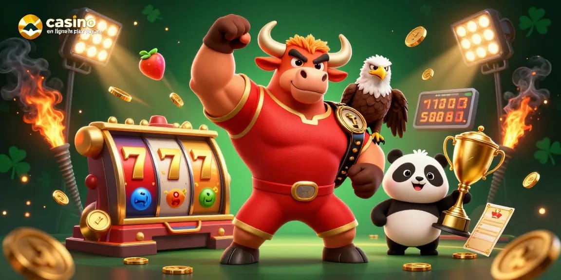Casino en ligne le plus payant : célébration dynamique avec un taureau, un aigle et un panda.