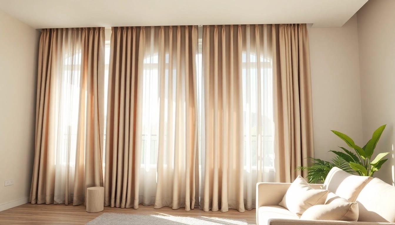 Verduisterende gordijnen creëren een stijlvolle sfeer in de woonkamer met moderne inrichting.