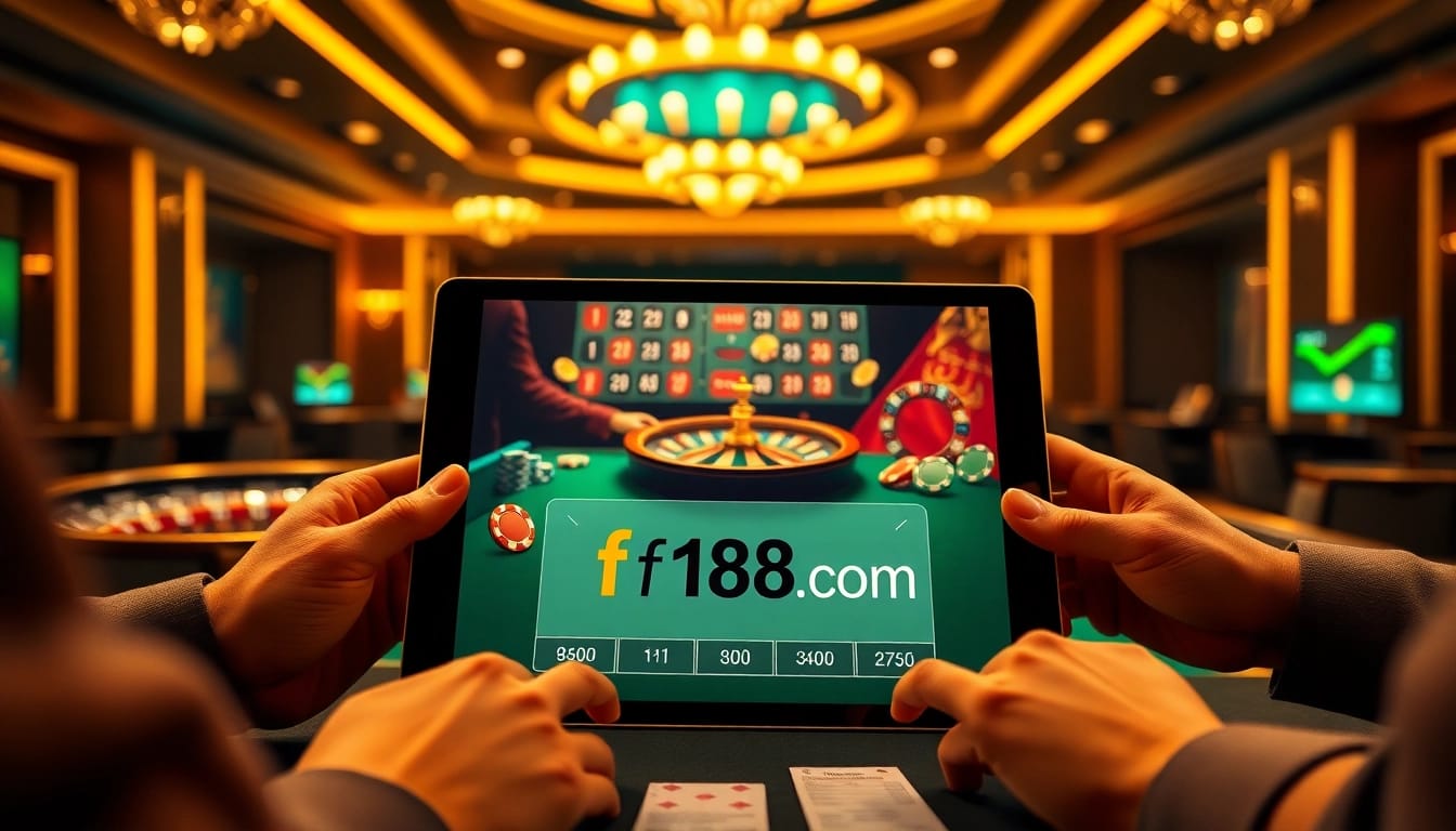 Players engaging in thrilling online betting on f168 com, surrounded by vibrant casino visuals.