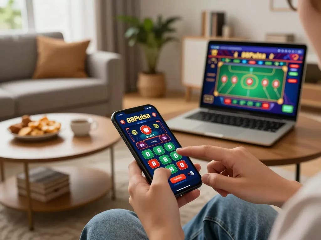 Berinteraksi dengan aplikasi 88Pulsa di smartphone dalam lingkungan rumah yang nyaman, menekankan interaksi permainan online.