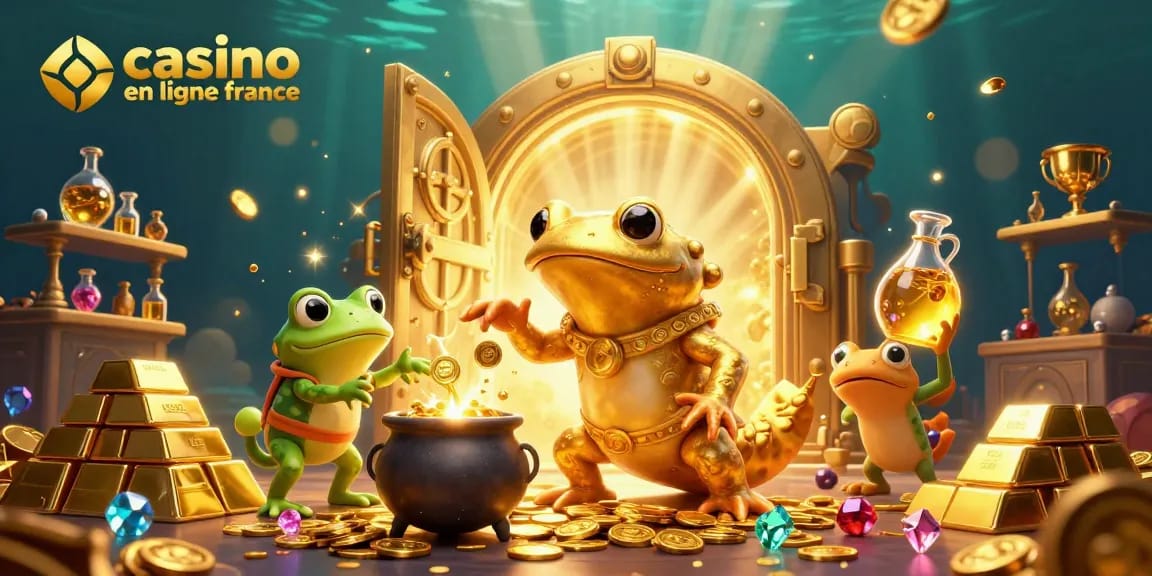 Jouez au casino en ligne France avec une scène immersive de personnages 3D et des trésors d'or.