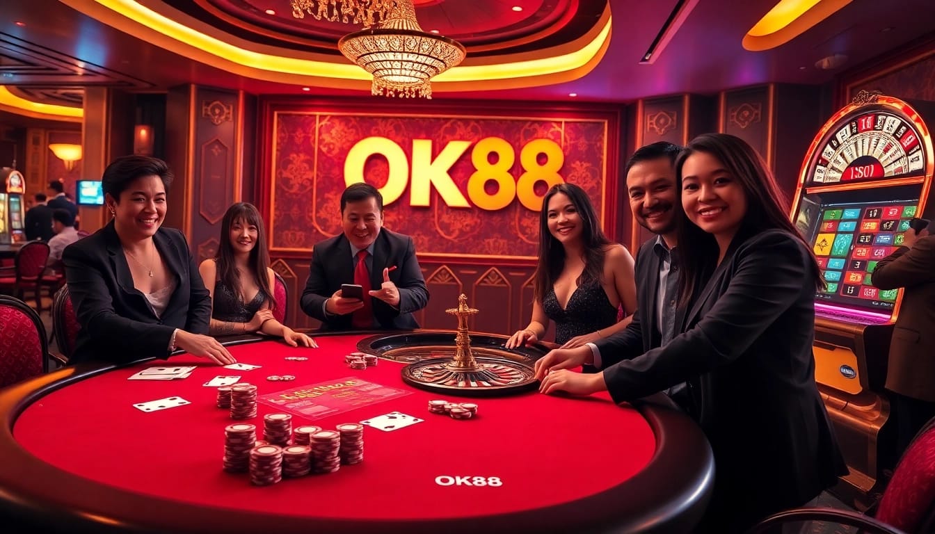 Experience the excitement of OK88 gaming with dynamic casino visuals showcasing poker tables, roulette, and slot machines.