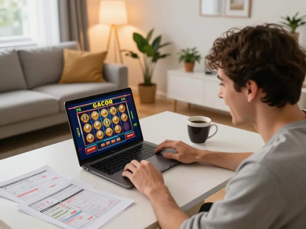Excited player enjoying slot gacor game on laptop, surrounded by strategy notes.