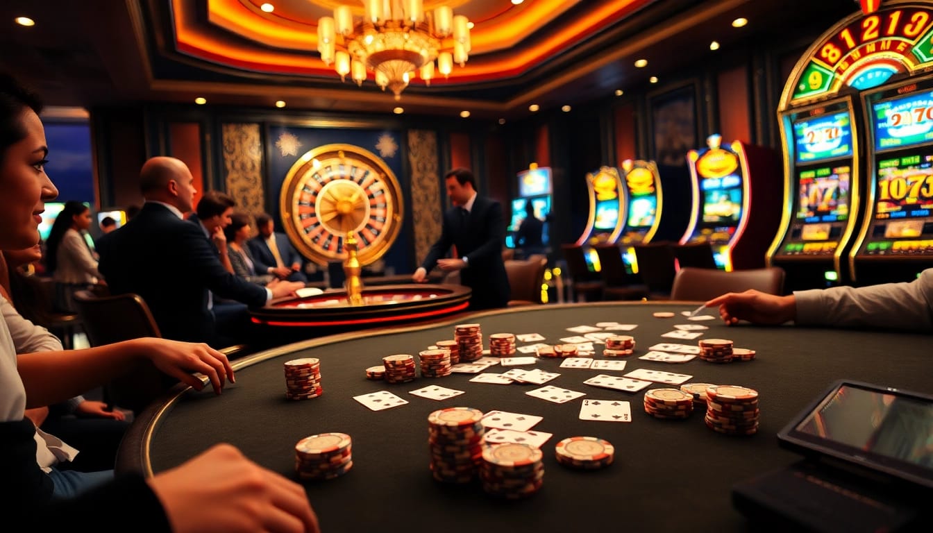 Players at a stunning poker table enjoy gaming excitement at the bdtk66 blog casino scene.