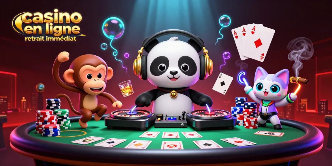 Vivez l'excitation du casino en ligne retrait immédiat avec une illustration 3D animée dynamique et colorée.