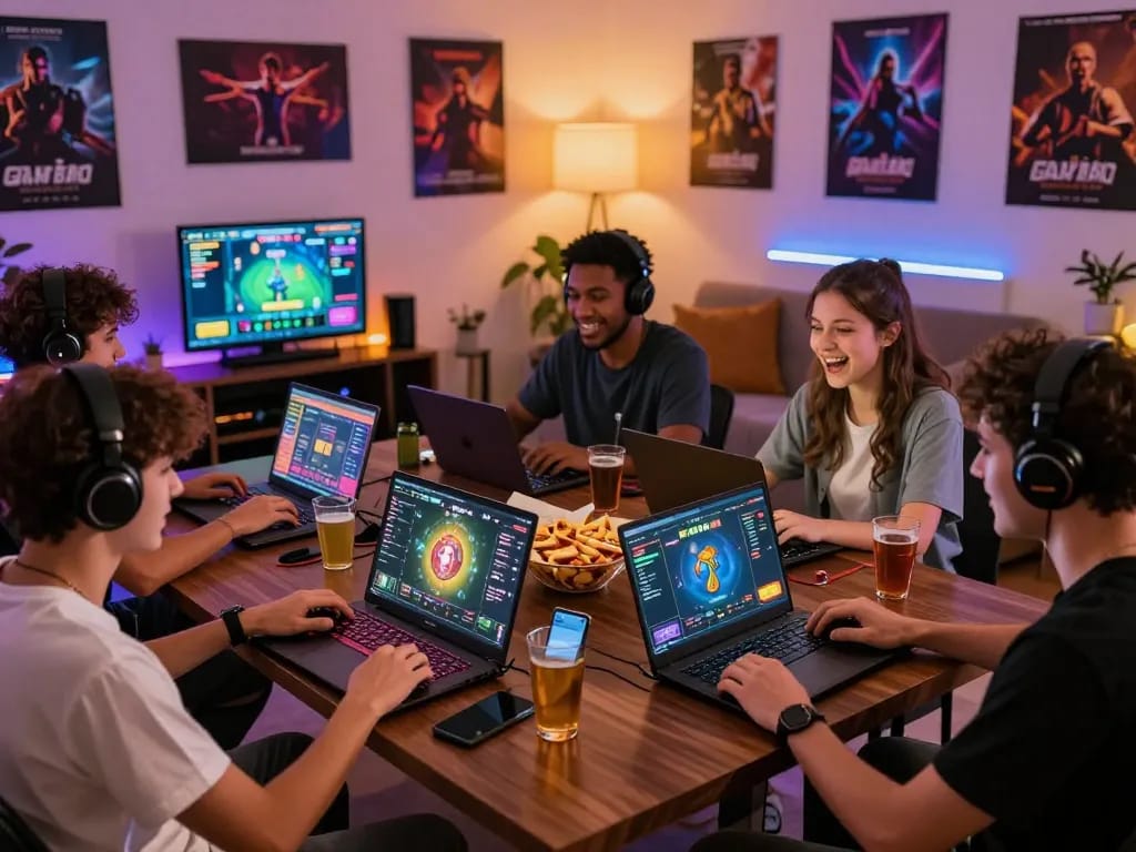 Engaged group playing GAME BÀI hubet88 online, colorful screens, vibrant atmosphere with snacks.