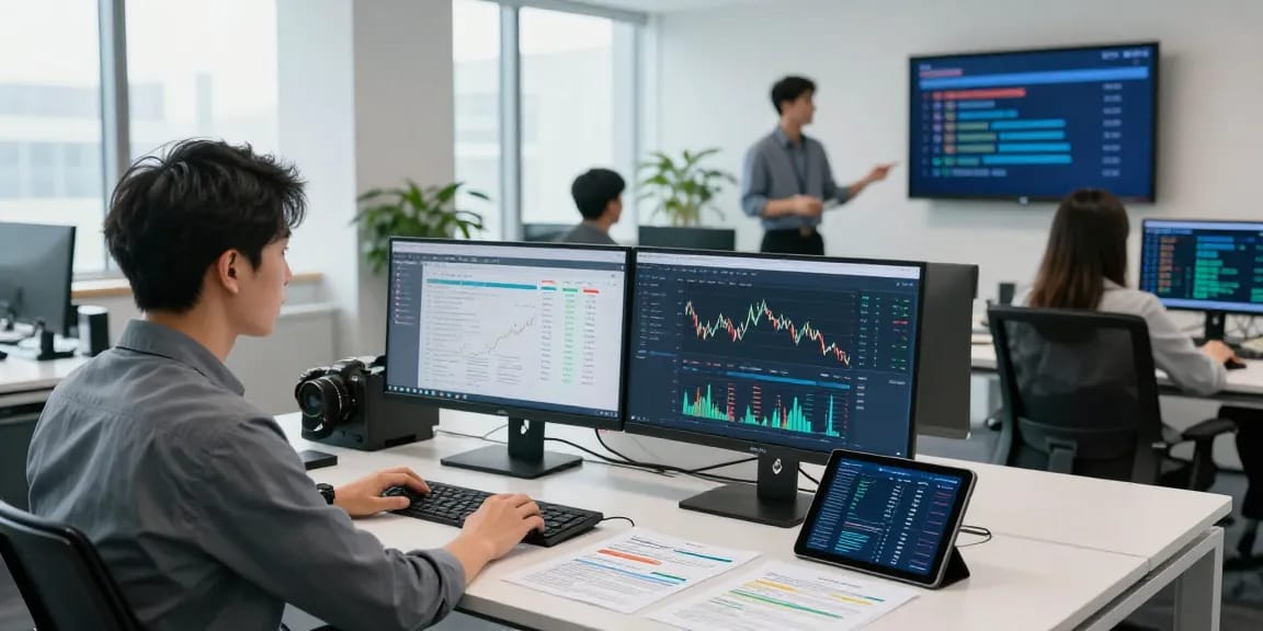 Data analyst reviewing financial crime intelligence in a modern office.