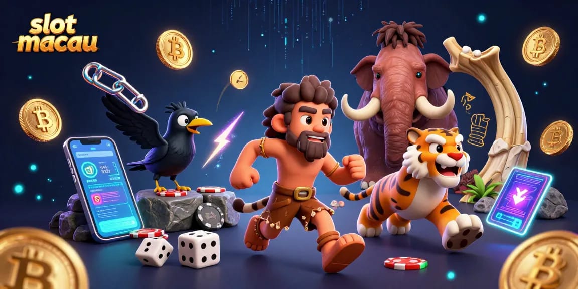 Engage with slot macau in a vibrant casino scene featuring a caveman and sabertooth tiger playing alongside cryptocurrency elements.