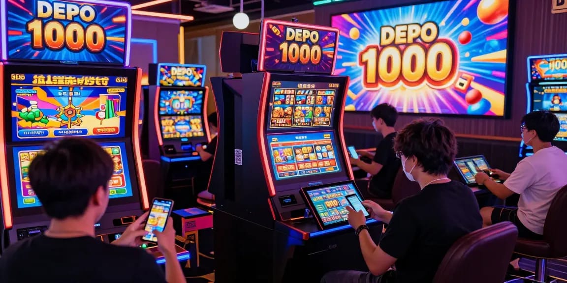 Exciting slot depo 1000 gaming scene with players using smartphones to engage in colorful online slots.
