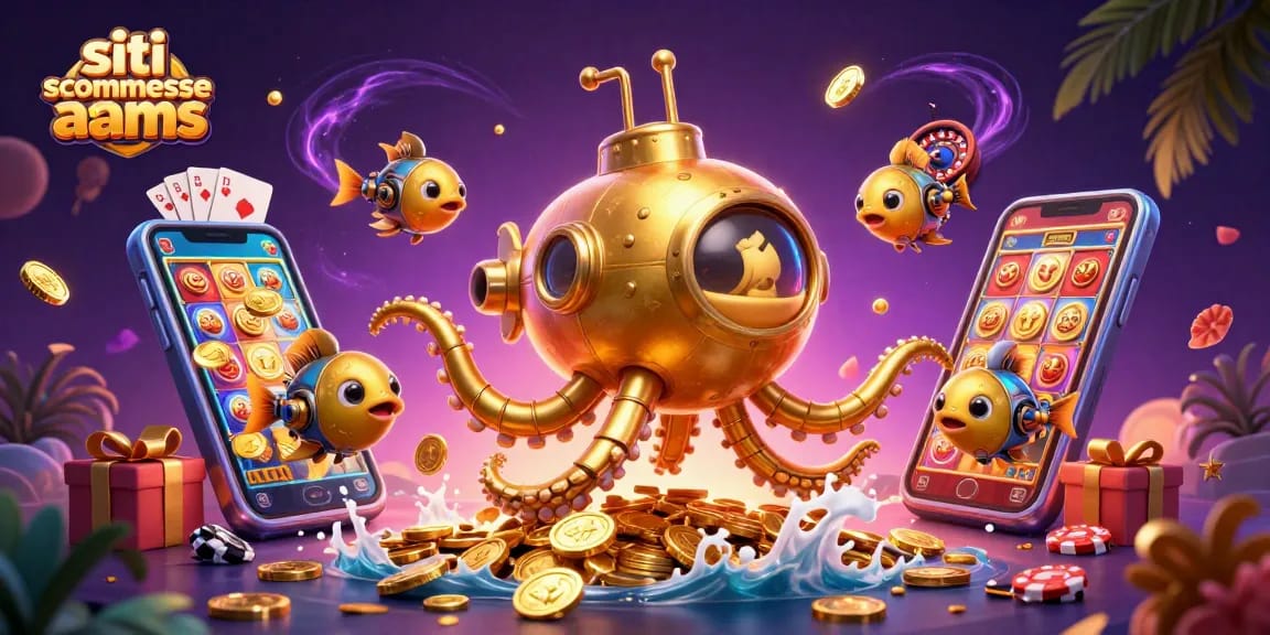 Scommetti sui migliori siti scommesse AAMS mentre un kraken d'oro emerge tra monete dorate in un'illustrazione vivace.
