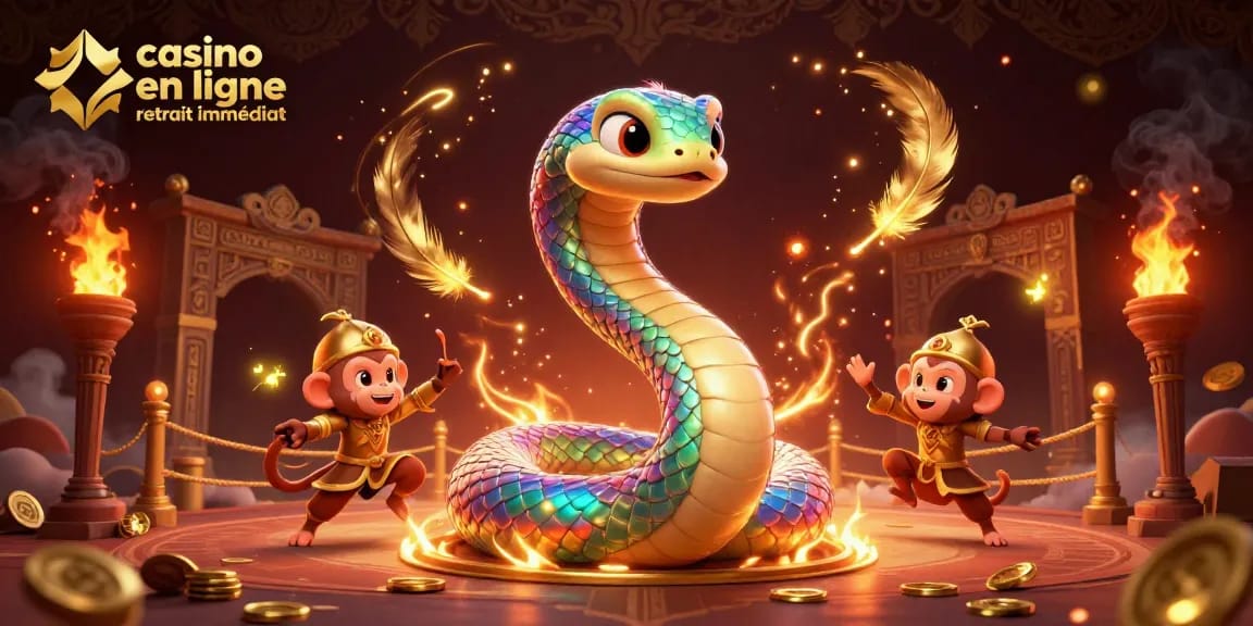 Retrait immédiat dans un casino en ligne, serpent coloré et roi des singes entourés de jetons d'or.