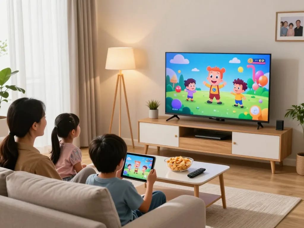 Gezin geniet van IPTV Nederland streaming in een gezellige woonkamer met smart TV, snacks en warme verlichting.