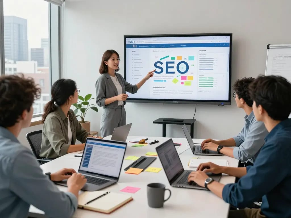 Best SEO Company NYC team meeting in modern office, collaborating on SEO strategies.