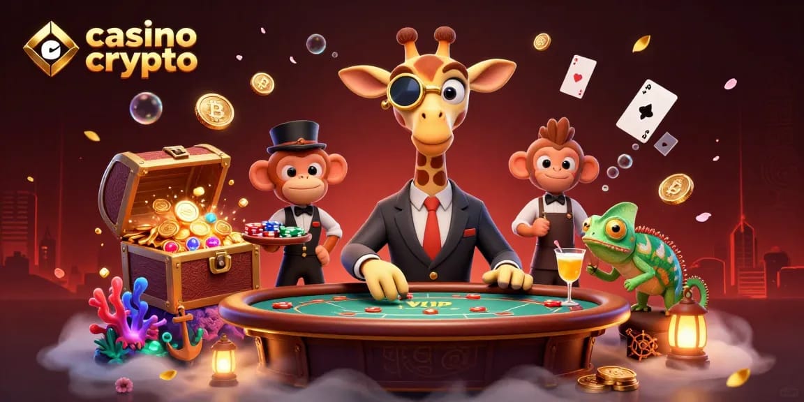 Découvrez un monde vibrant de casino crypto avec des personnages animés et des éléments de jeu captivants.