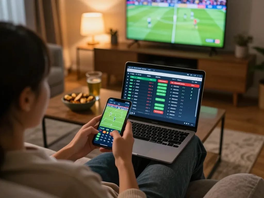 Person using xoi lac app for live betting on football matches, smartphone in hand, relaxed home setting.