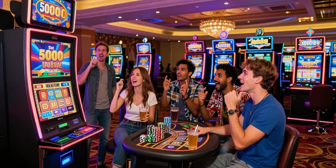 Group enjoying thrill around the 'Slot 5000' machine in a lively casino.