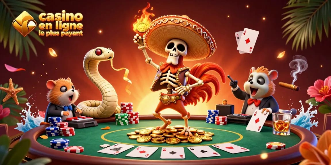 Illustration dynamique représentant le casino en ligne le plus payant avec des personnages animés et des éléments de jeux.