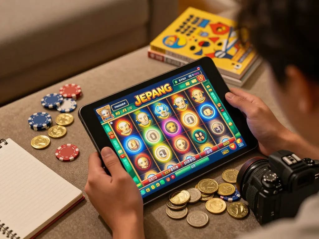Player enjoying a Jepang slot game on a tablet, showcasing winnings and strategic gameplay.