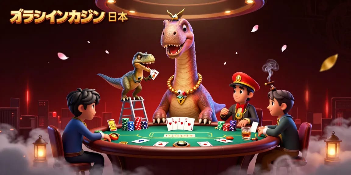 オンラインカジノ 日本での楽しいポーカーテーブル周辺のシーンを描いたイラスト。
