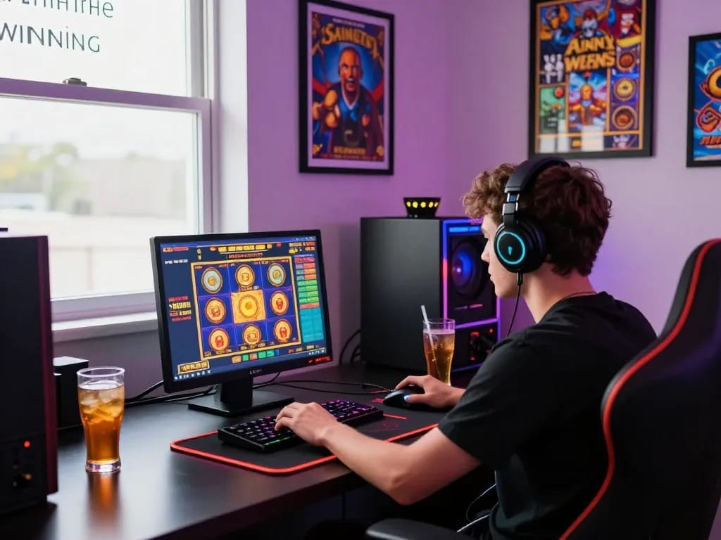 Engaged gamer exploring situs gacor slots on laptop in a vibrant online gaming environment with motivational decor.