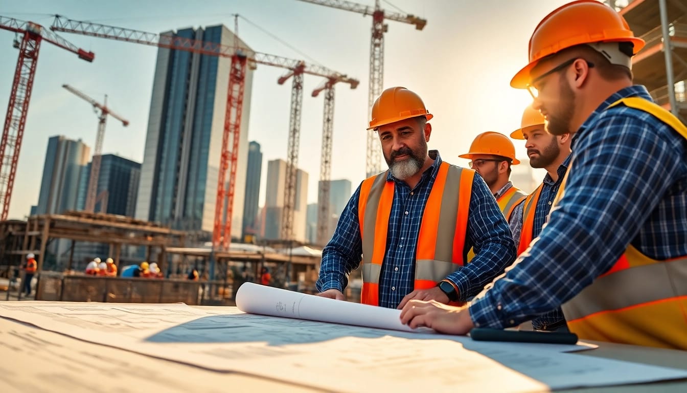 Manhattan General Contractor supervising a construction site with diverse crew and blueprints.