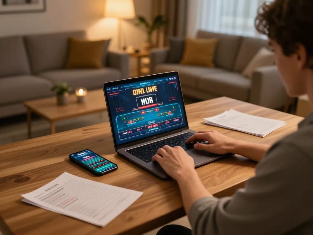 Gambling enthusiast enjoying a live game on 32win at their home while reviewing betting strategies.