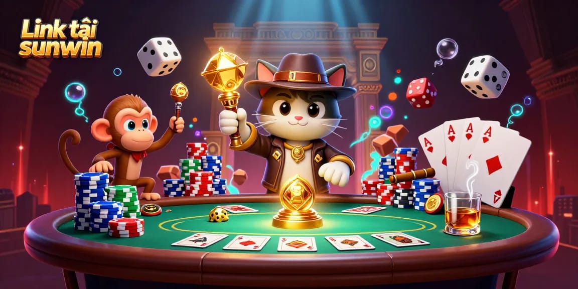 Experience the thrill with Link tải sunwin in this dynamic 3D casino adventure illustration.