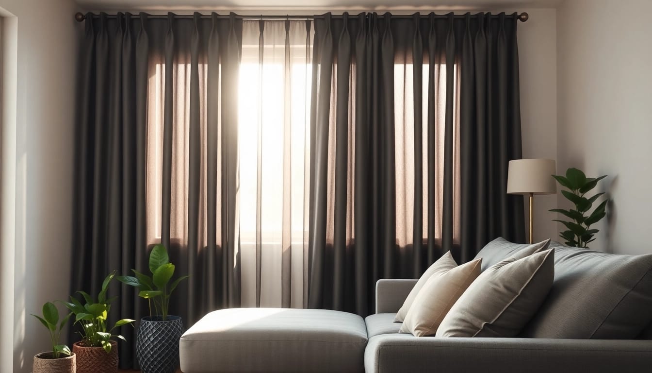 Bekijk stijlvolle verduisterende gordijnen die privacy en comfort bieden in een woonkamer.