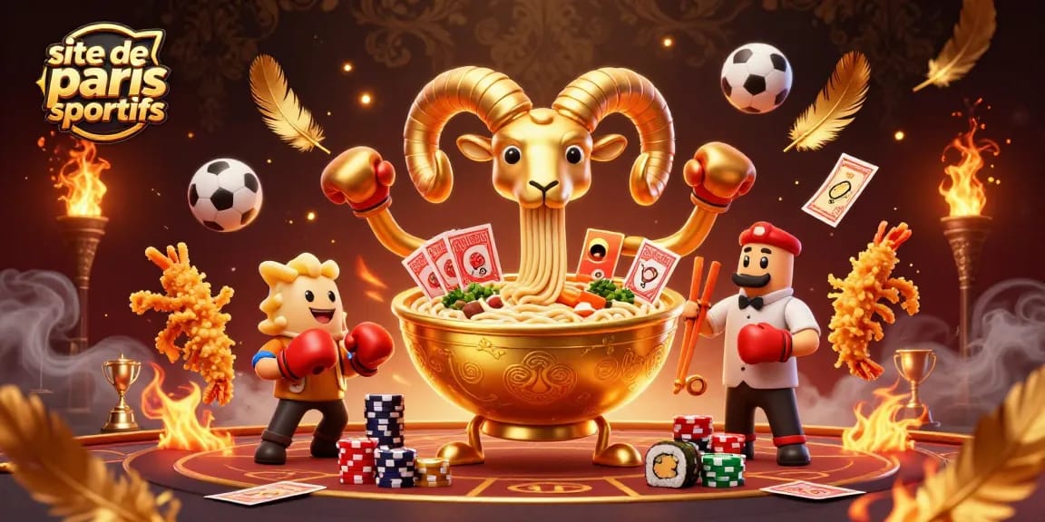 Illustration dynamique avec un bol ramen doré et des personnages, représentant un site de paris sportifs passionnant.
