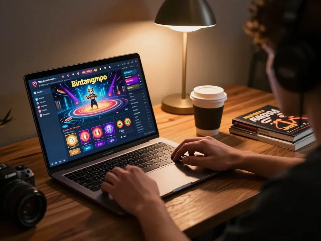 Pemain Bintangmpo terlibat aktif dengan permainan slot online di laptop dalam suasana rumah yang nyaman.