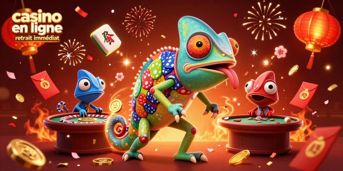 Jouer au casino en ligne retrait immédiat avec un caméléon coloré entouré de richesses et célébrations.