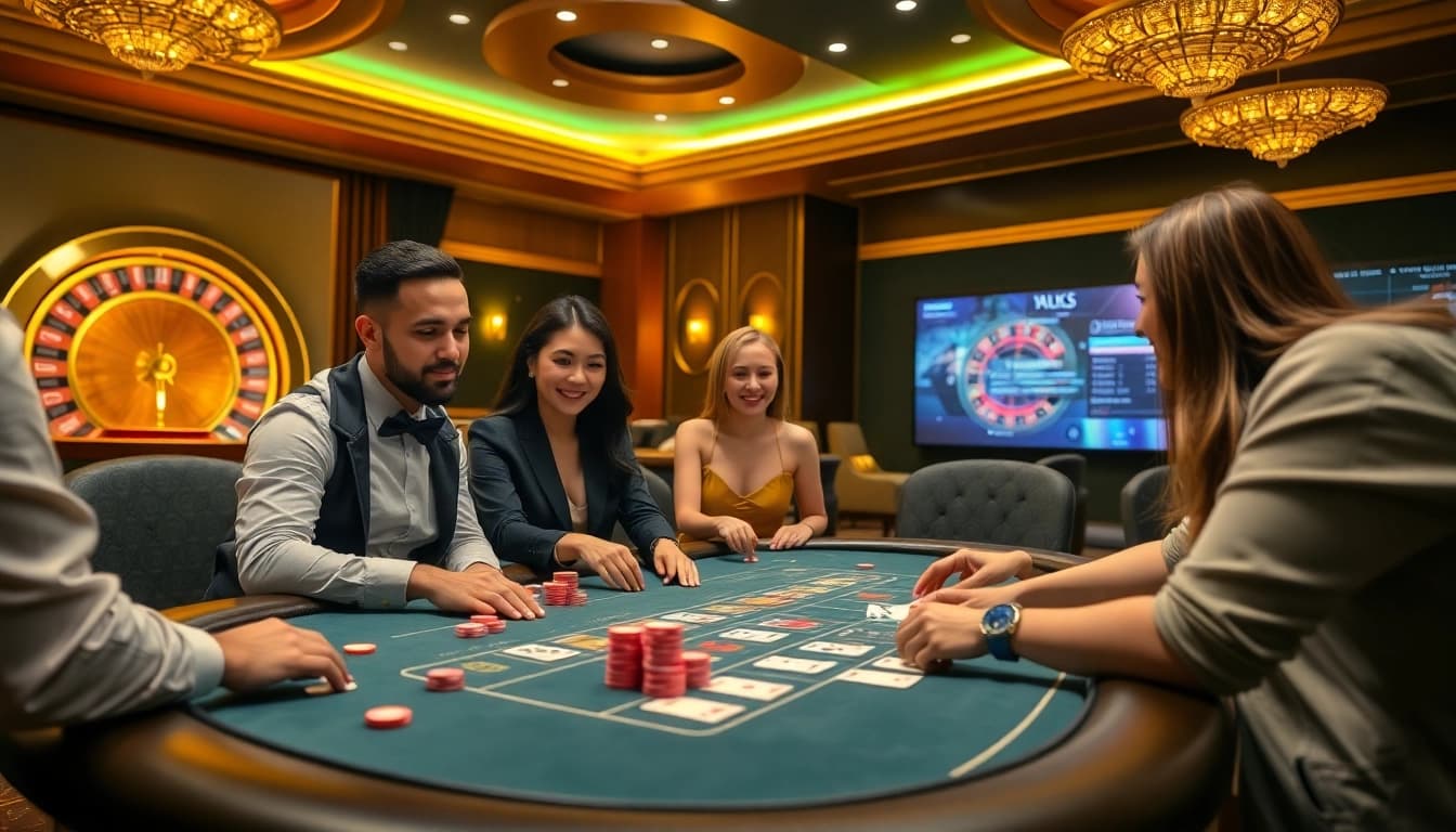Engage with רמיקוב אונליין at a luxe casino table amidst vibrant colors and betting excitement.