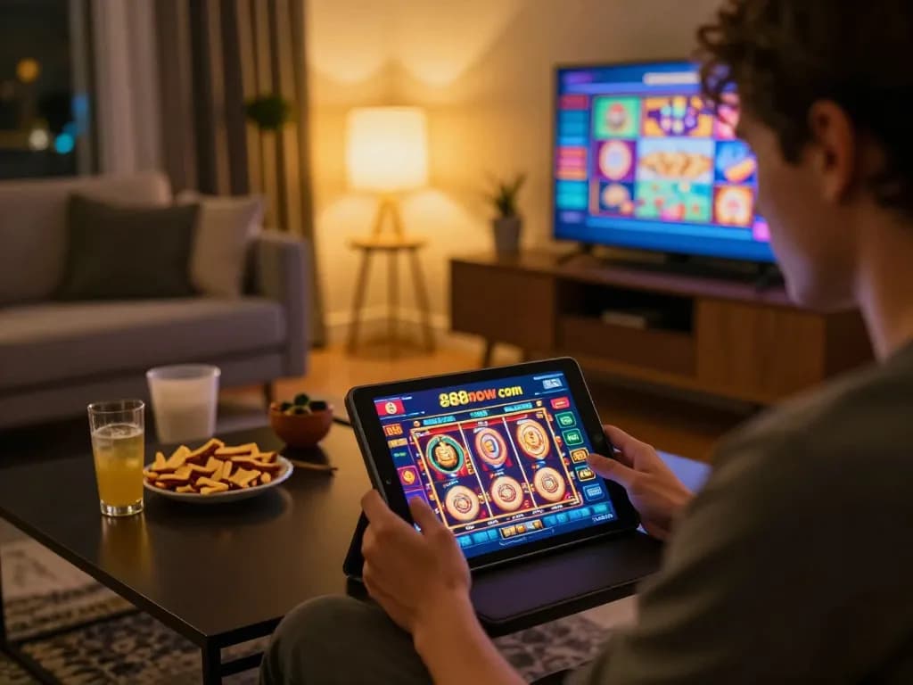 Player enjoying online gaming on 888now com tablet in a cozy home setting