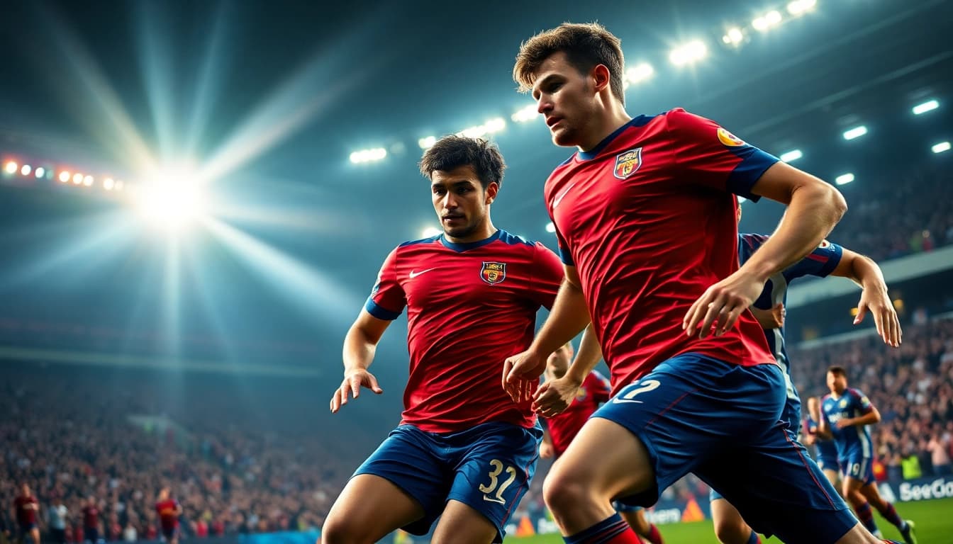 Soccer players showcasing a dynamic team kit during an intense match.