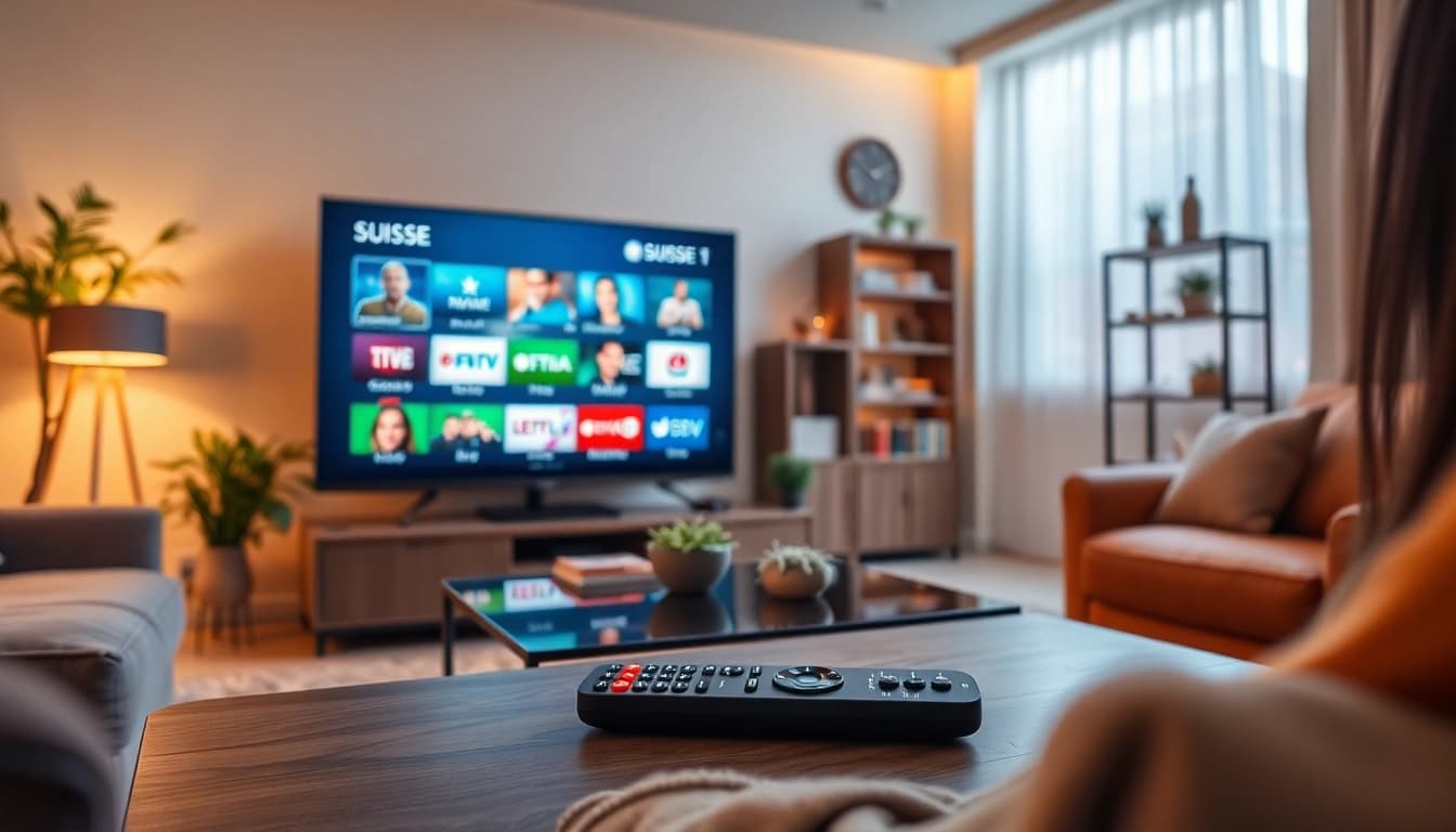 Enjoying an evening with Suisse IPTV on a large smart TV in a cozy living room.
