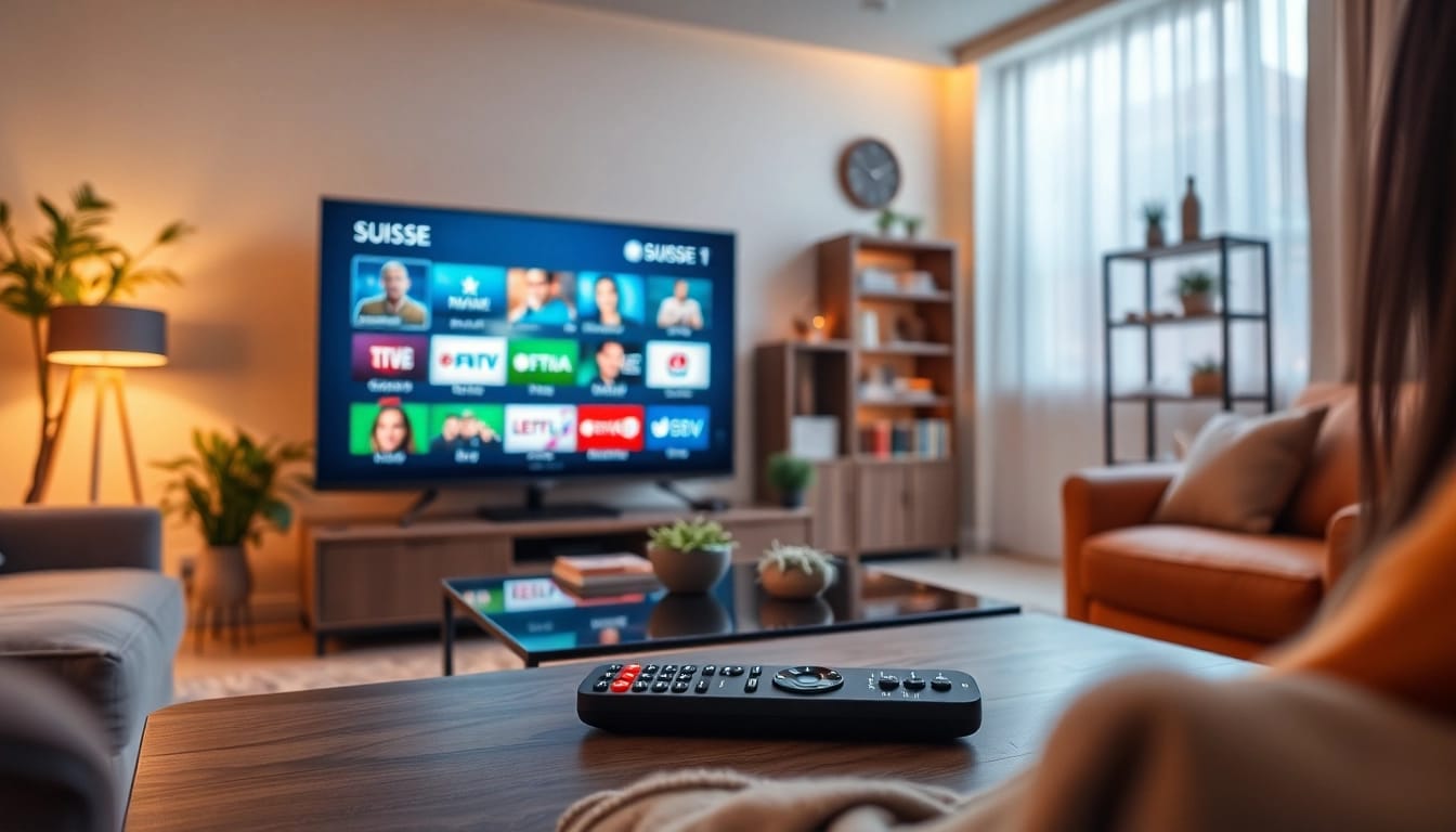 Enjoying an evening with Suisse IPTV on a large smart TV in a cozy living room.