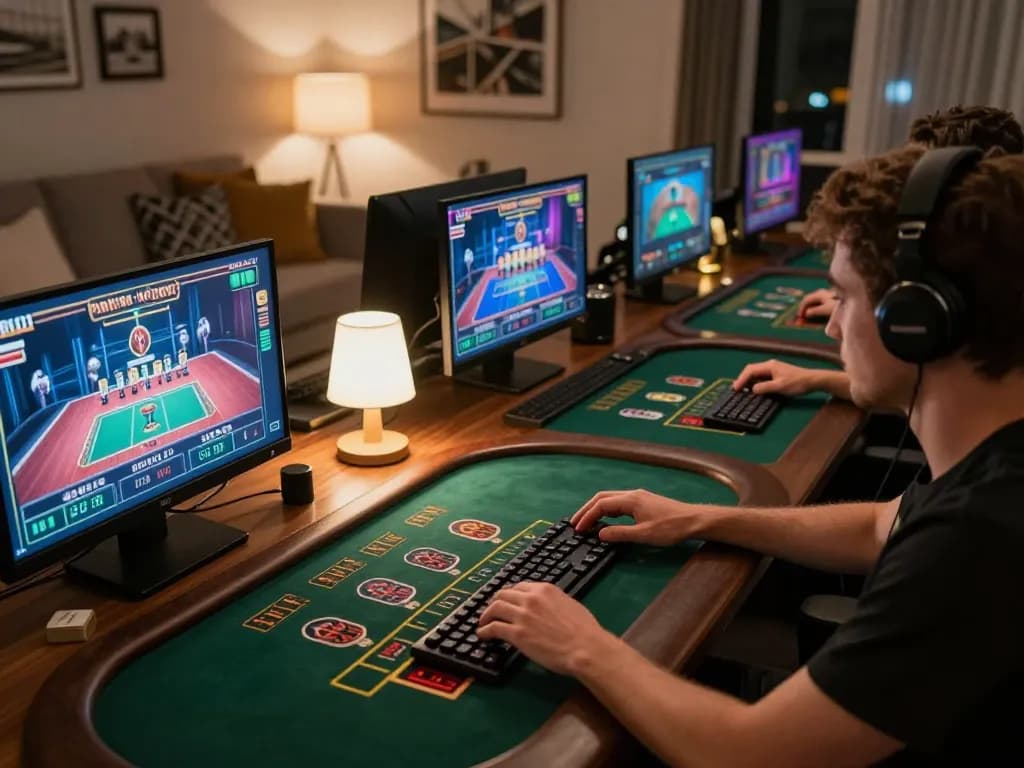 J188 player engaging in thrilling live blackjack online gaming setup at home.