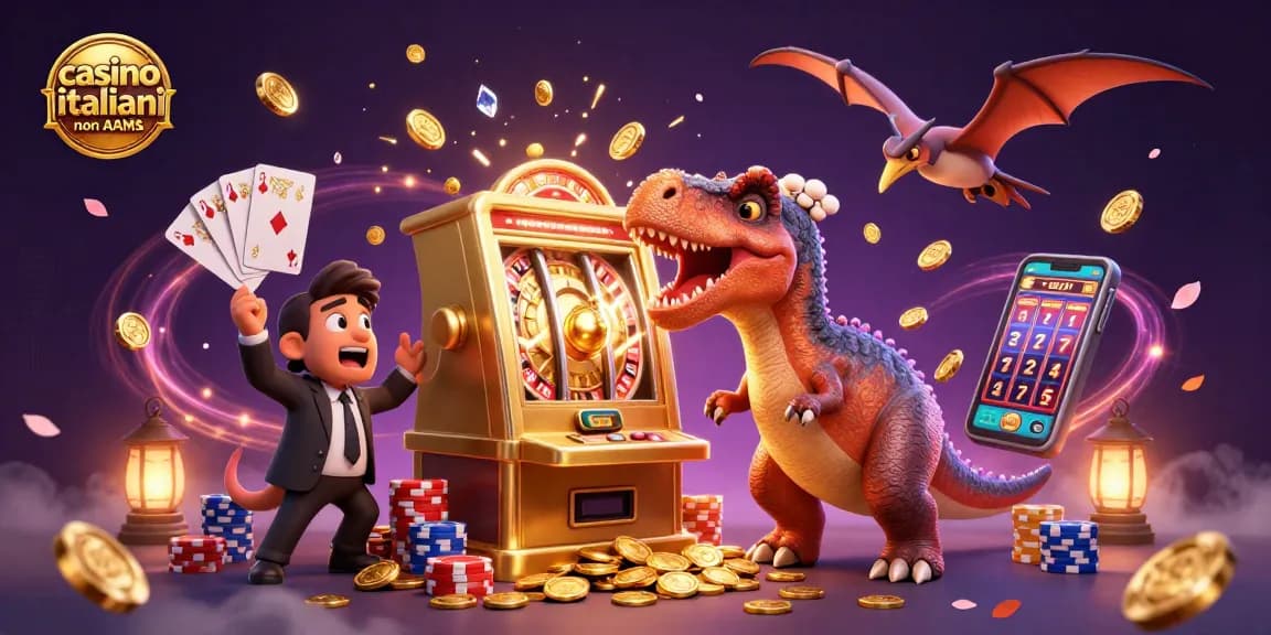 Gioco ai casino italiani non AAMS con un pachycephalosaurus che colpisce una slot machine per vincere monete d'oro.