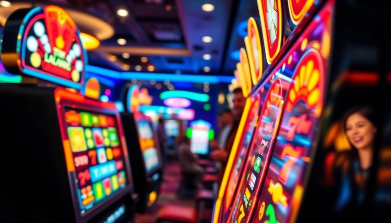 Mainkan slot online terpercaya dengan mesin slot berwarna cerah dan suasana kasino yang ramai.